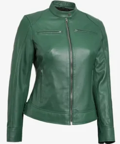 Amarely Womens Slim Fit Leather Cafe Racer Green Jacket