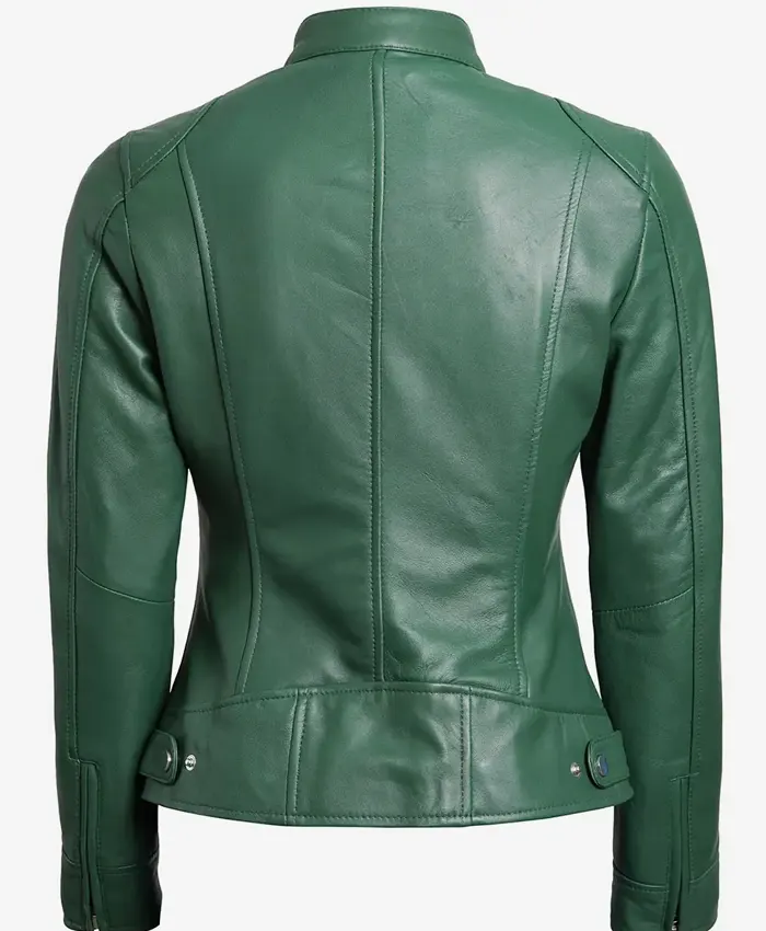 Amarely Womens Slim Fit Leather Cafe Racer Green Jacket - Image 2