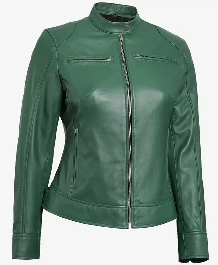 Amarely Womens Slim Fit Leather Cafe Racer Green Jacket