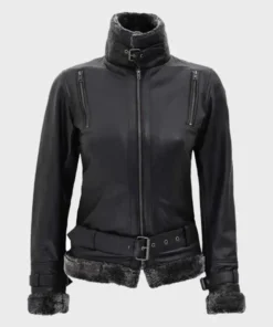 Aracely Womens Shearling Black Leather Designer Jacket