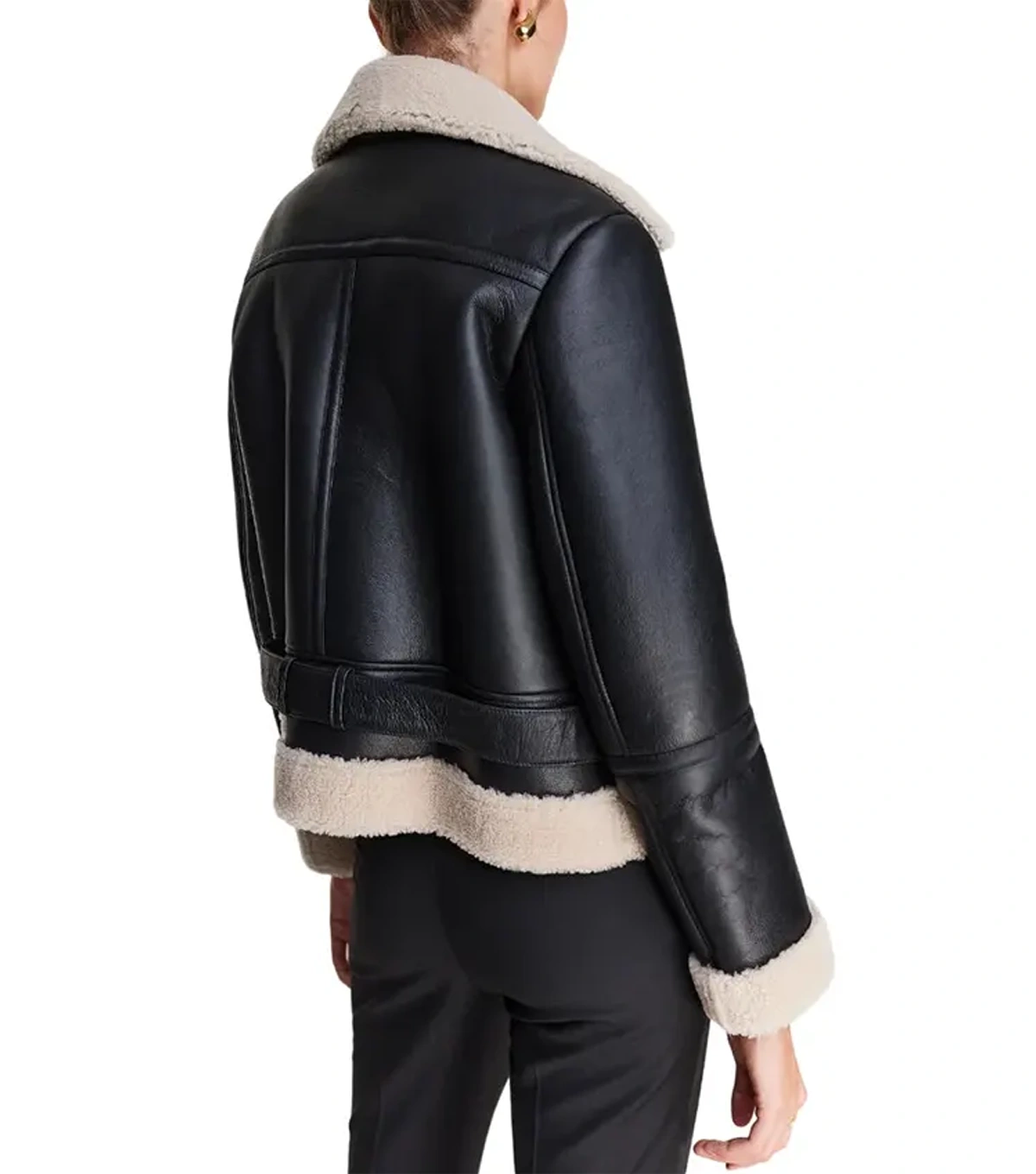 Ashlee Womens Notch Style Shearling Collar Biker Black Jacket - Image 5