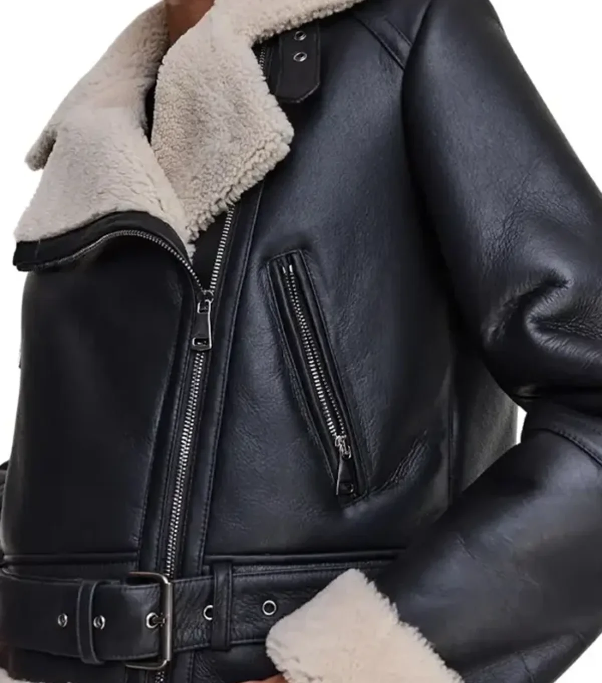 Ashlee Womens Notch Style Shearling Collar Biker Black Jacket - Image 4