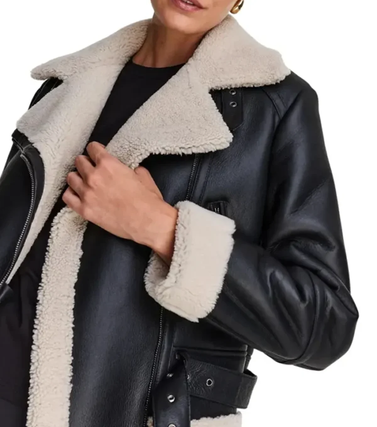 Ashlee Womens Notch Style Shearling Collar Biker Black Jacket - Image 3