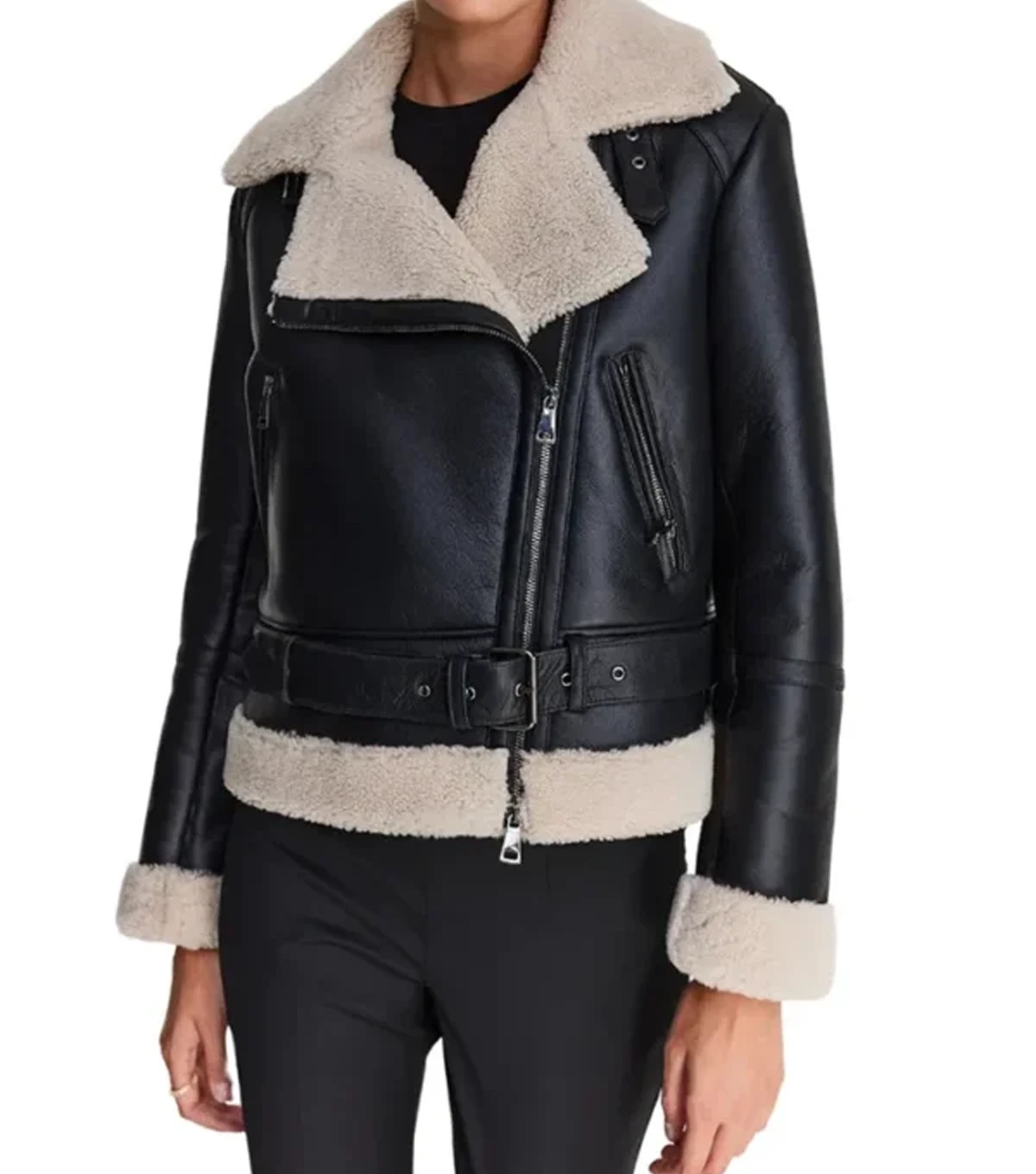 Ashlee Womens Notch Style Shearling Collar Biker Black Jacket - Image 2