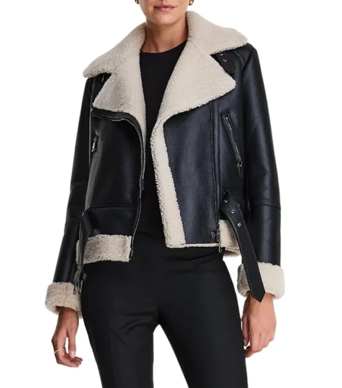Ashlee Womens Notch Style Shearling Collar Biker Black Jacket