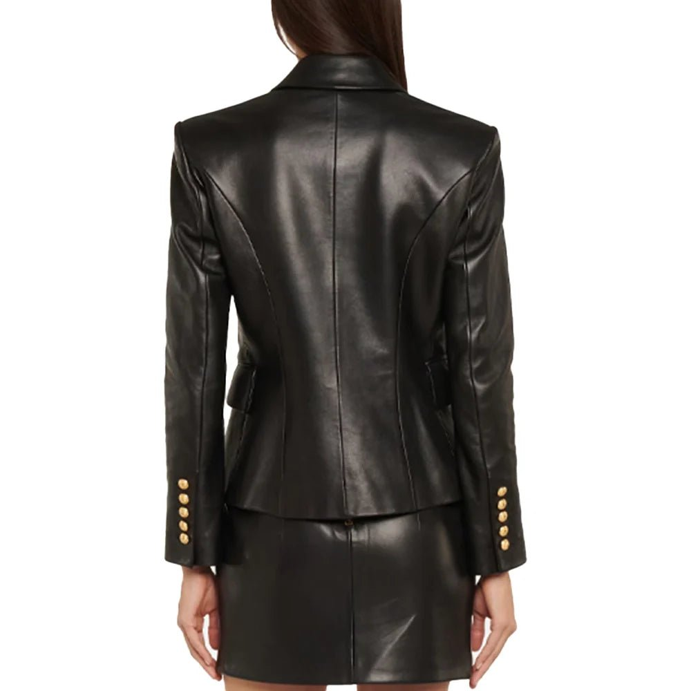 Ashtyn Womens Double Breasted Style Black Leather Blazer - Image 5