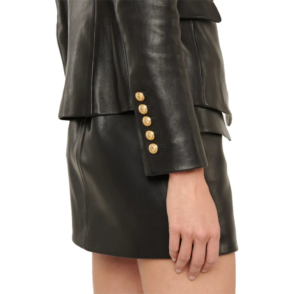 Ashtyn Womens Double Breasted Style Black Leather Blazer - Image 4