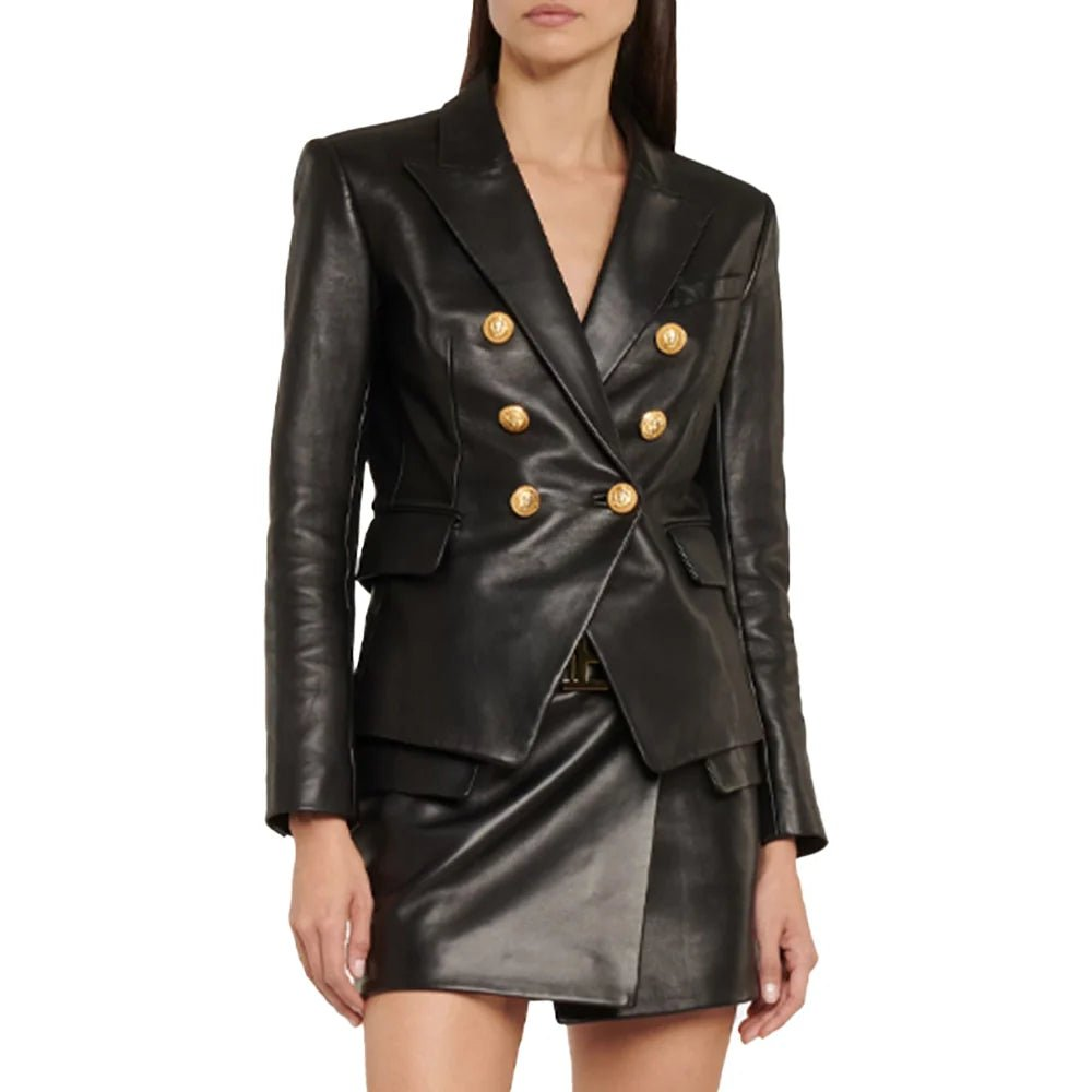 Ashtyn Womens Double Breasted Style Black Leather Blazer - Image 3
