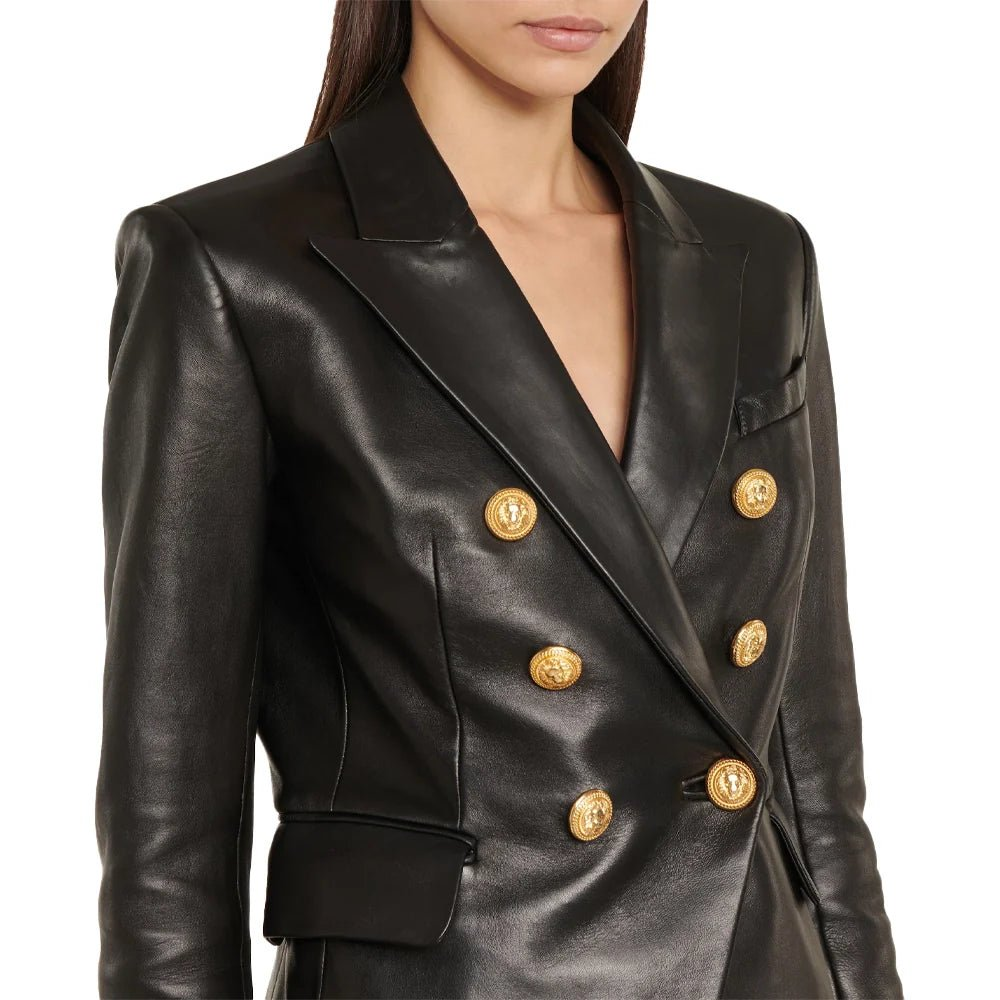 Ashtyn Womens Double Breasted Style Black Leather Blazer - Image 2