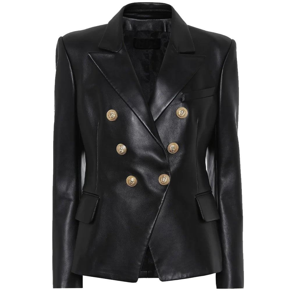 Ashtyn Womens Double Breasted Style Black Leather Blazer