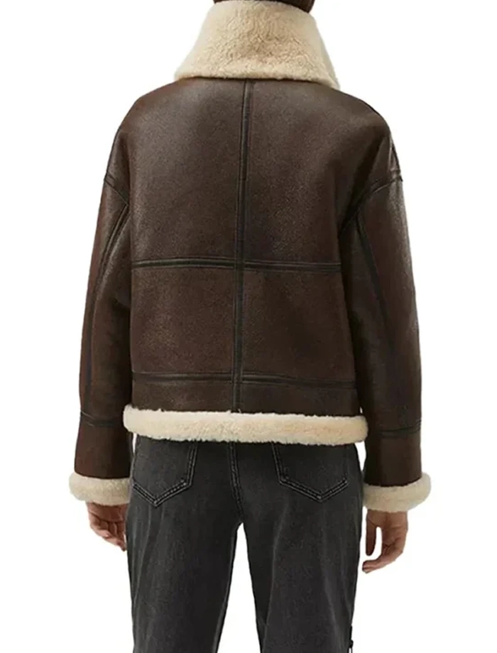 Brianne Womens Brown B3 Shearling Aviator Bomber Leather Jacket - Image 5