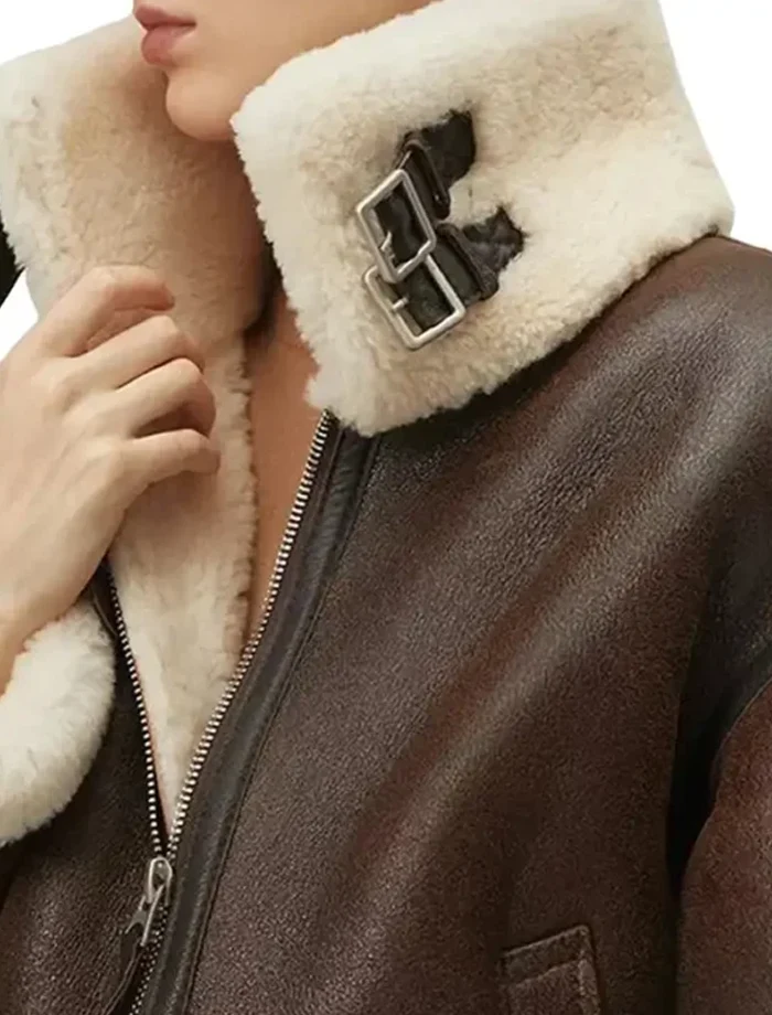 Brianne Womens Brown B3 Shearling Aviator Bomber Leather Jacket - Image 2