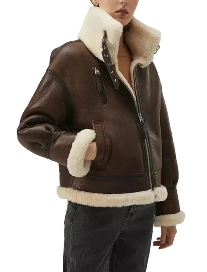 Brianne Womens Brown B3 Shearling Aviator Bomber Leather Jacket - Image 3