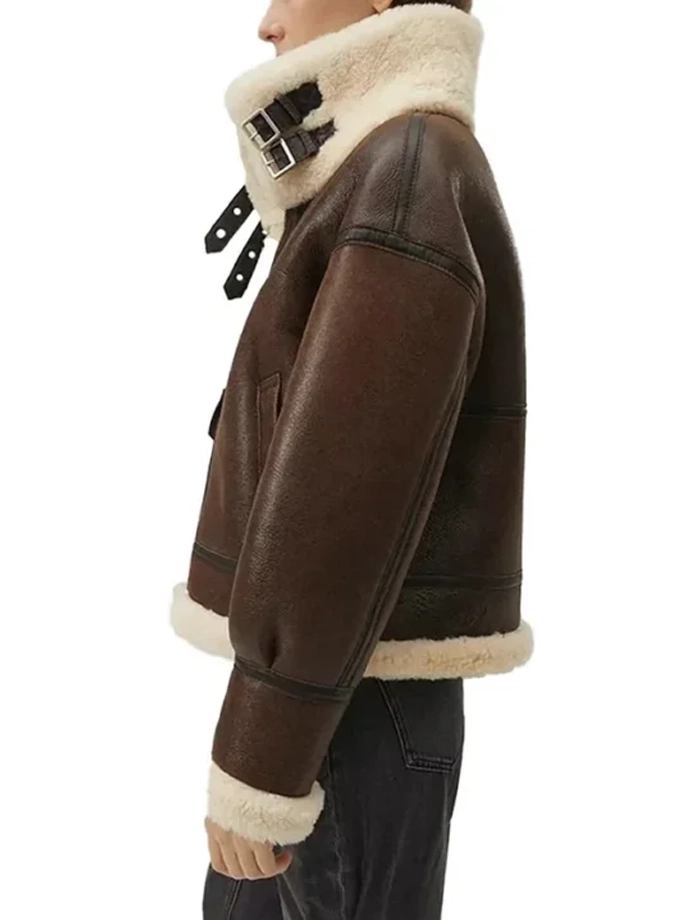Brianne Womens Brown B3 Shearling Aviator Bomber Leather Jacket - Image 4