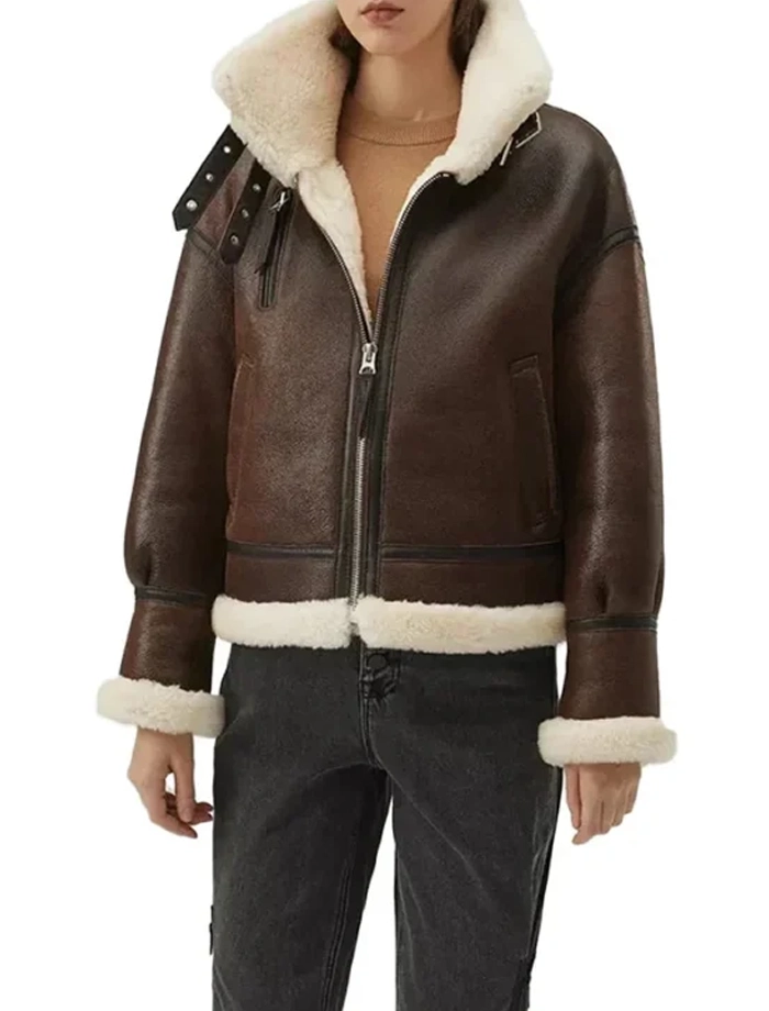 Brianne Womens Brown B3 Shearling Aviator Bomber Leather Jacket