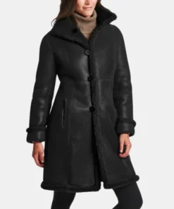 Bryleigh Womens Black Leather Shearling Long Coat