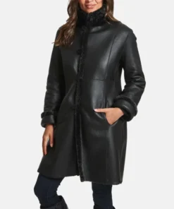 Alternative view of Bryleigh Womens Black Leather Shearling Long Coat