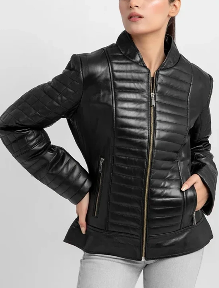 Brynlee Womens Black Quilted Real Leather Jacket