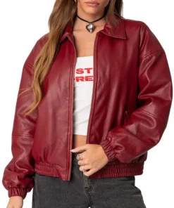 Campbell Womens Maroon Leather Bomber Jacket