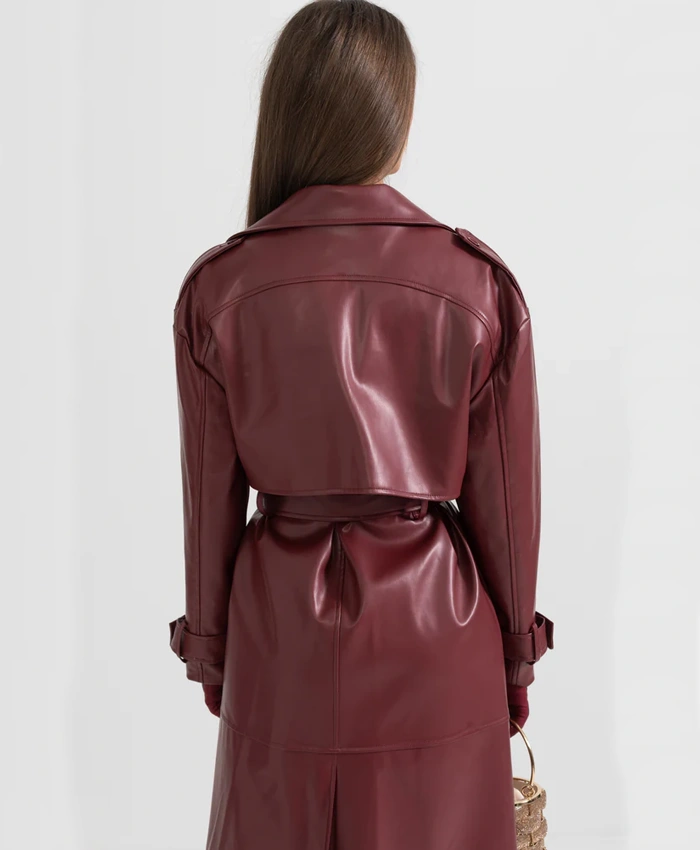 Carla Womens Double Breasted Maroon Leather Trench Coat - Image 4