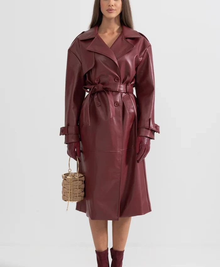 Carla Womens Double Breasted Maroon Leather Trench Coat - Image 2