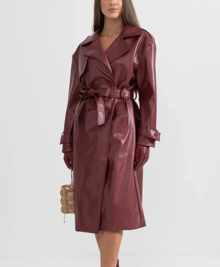 Carla Womens Double Breasted Maroon Leather Trench Coat