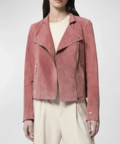 Carly Womens Plain Pink Suede Leather Biker Jacket