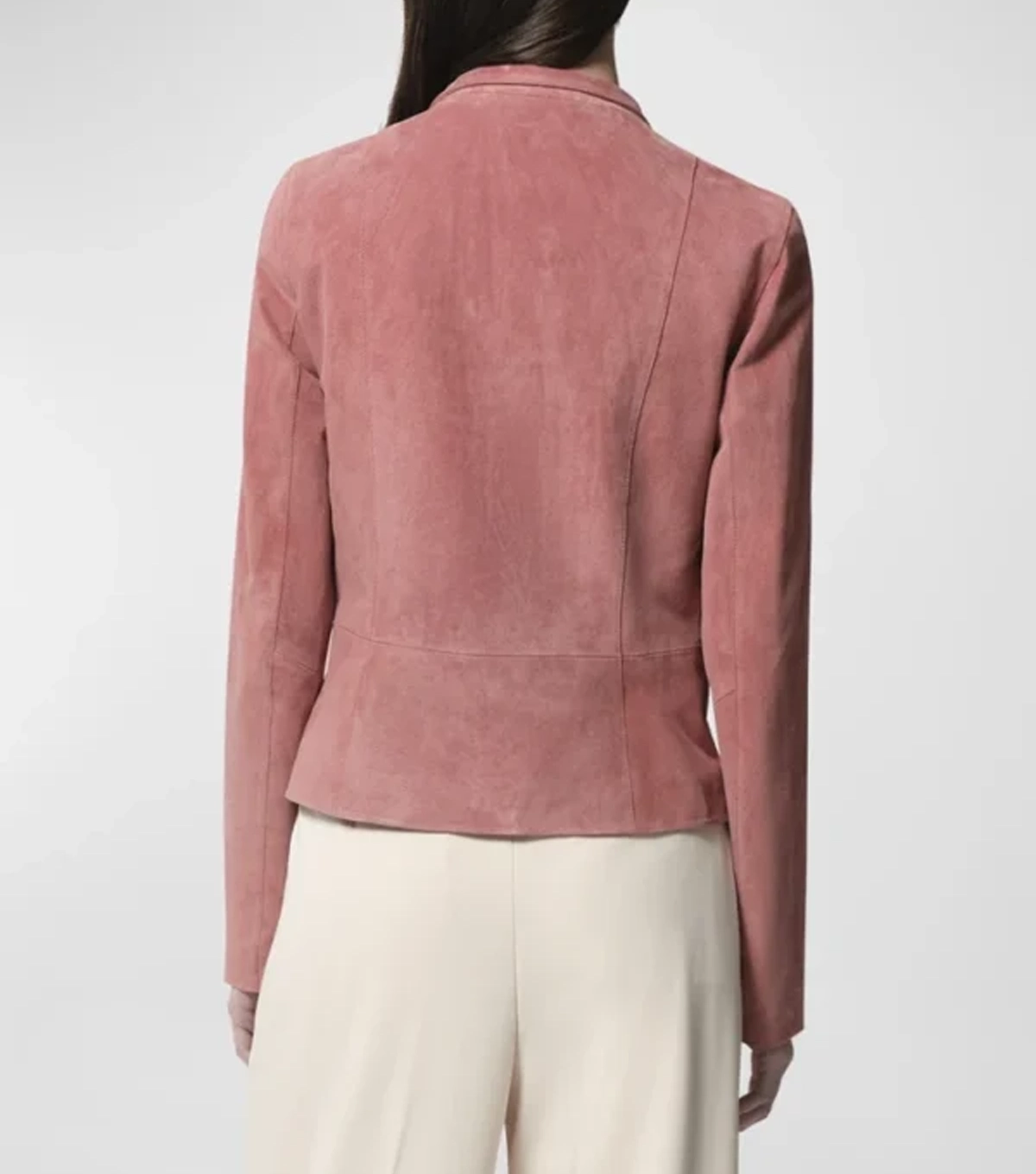 Carly Womens Plain Pink Suede Leather Biker Jacket - Image 4