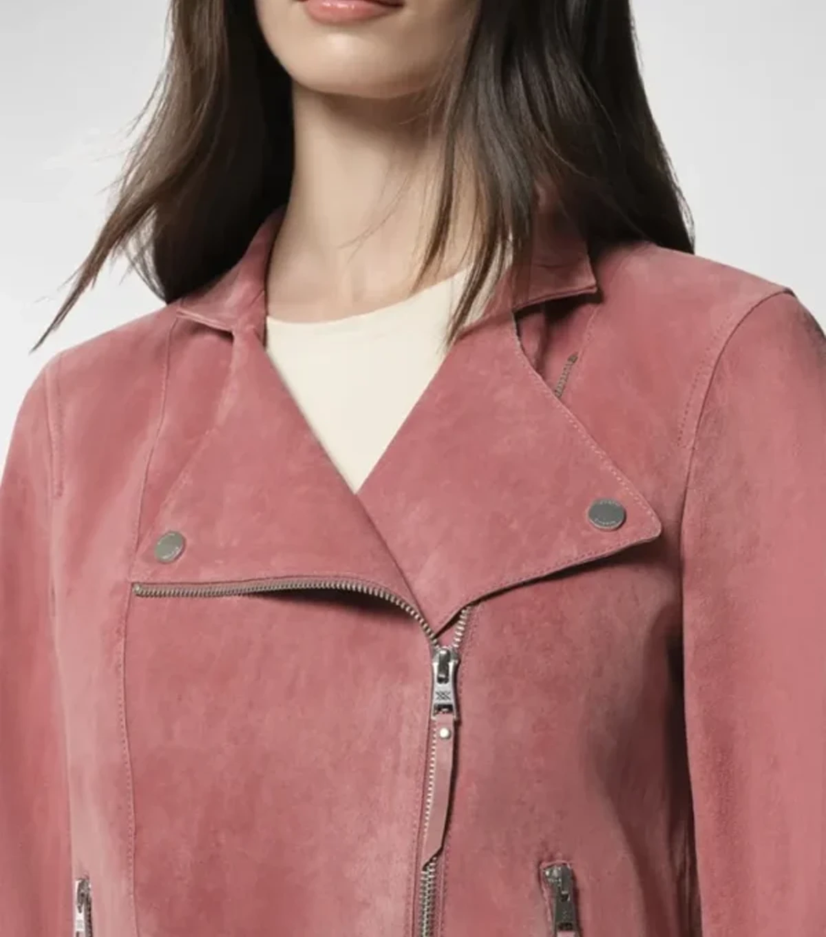 Carly Womens Plain Pink Suede Leather Biker Jacket - Image 3