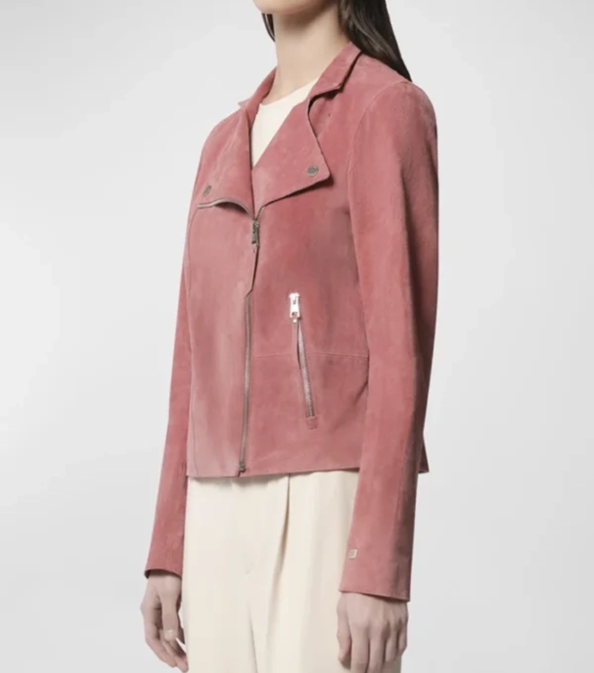 Carly Womens Plain Pink Suede Leather Biker Jacket - Image 2