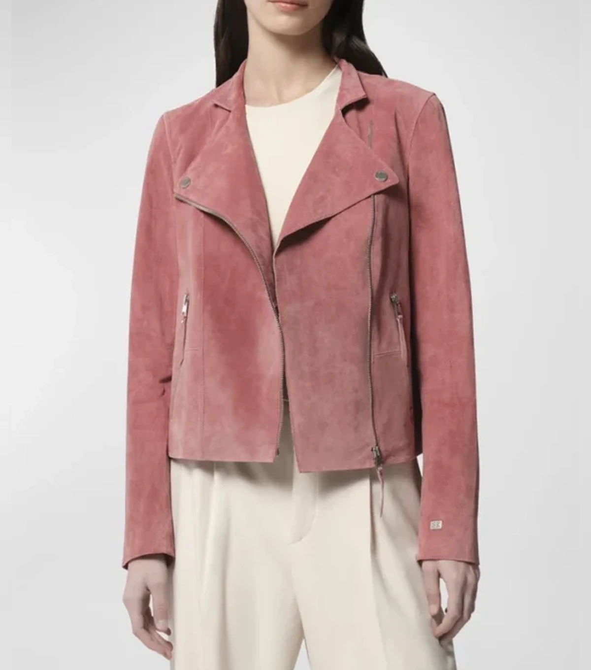 Carly Womens Plain Pink Suede Leather Biker Jacket