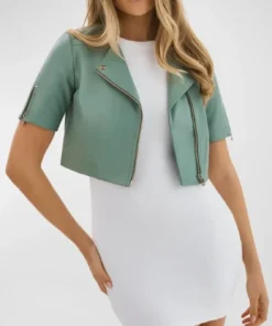 Carmine Womens Mint Green Leather Cropped Biker Jacket