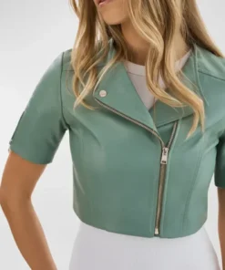 Alternative view of Carmine Womens Mint Green Leather Cropped Biker Jacket