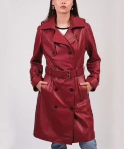 Dillan Womens Belted Closure Red Leather Long Trench Coat