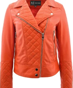 Easton Womens Orange Leather Quilted Biker Jacket