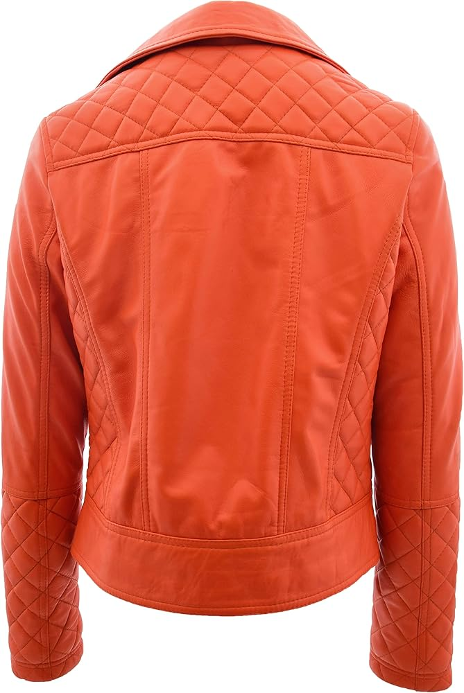 Easton Womens Orange Leather Quilted Biker Jacket - Image 5