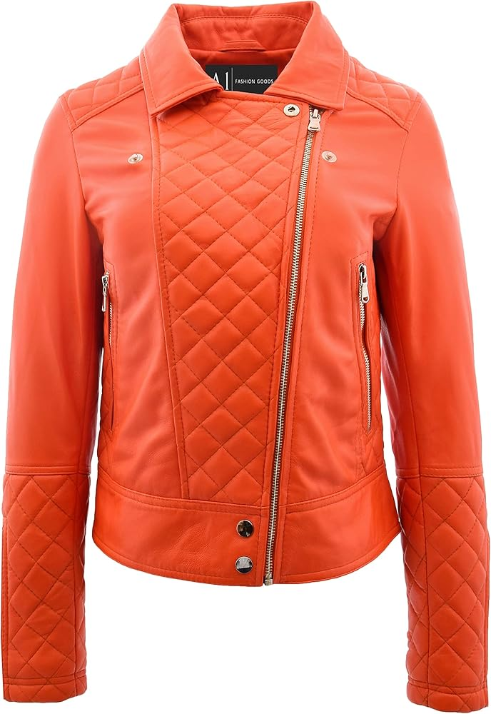 Easton Womens Orange Leather Quilted Biker Jacket - Image 4