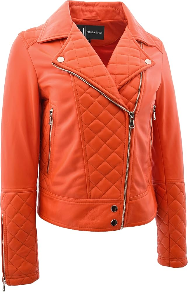 Easton Womens Orange Leather Quilted Biker Jacket - Image 3