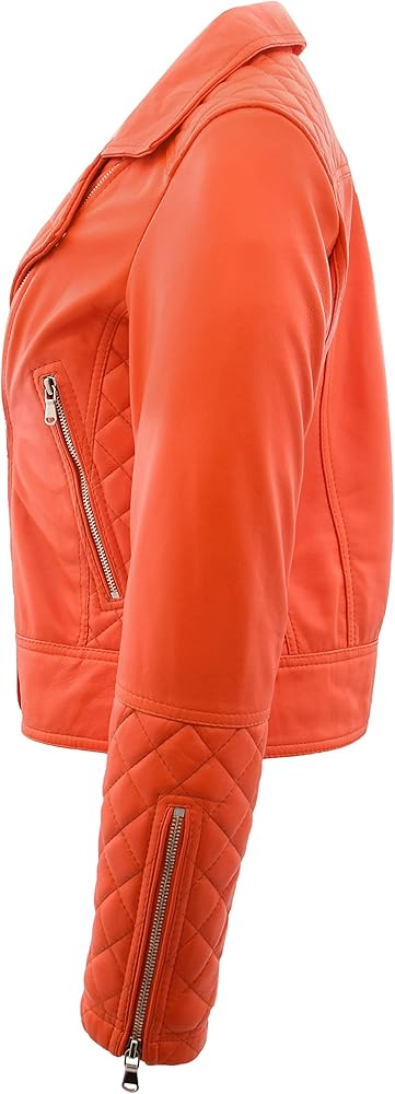 Easton Womens Orange Leather Quilted Biker Jacket - Image 2