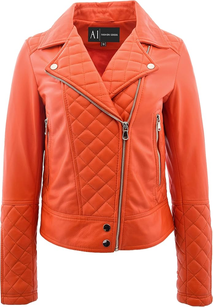 Easton Womens Orange Leather Quilted Biker Jacket