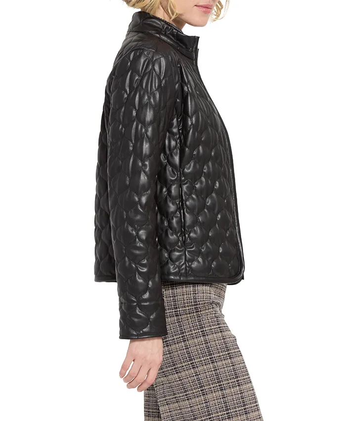 Ella Womens Padded Style Black Quilted Leather Jacket - Image 2
