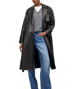 Hailee Womens Full Length Black Leather Trench Coat