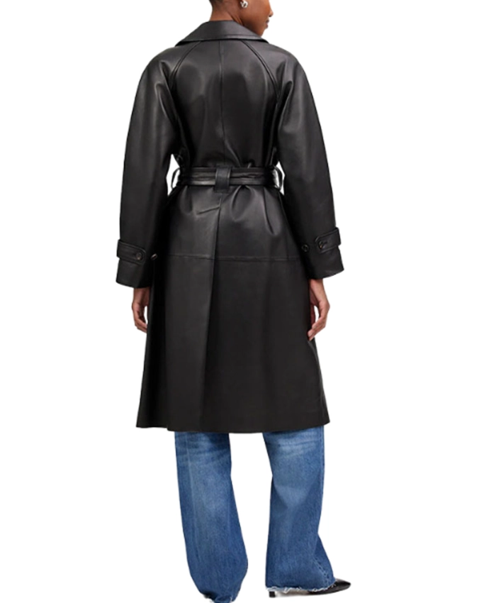Hailee Womens Full Length Black Leather Trench Coat - Image 5