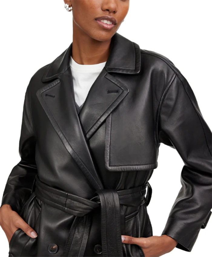 Hailee Womens Full Length Black Leather Trench Coat - Image 4