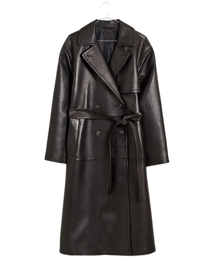Hailee Womens Full Length Black Leather Trench Coat - Image 3