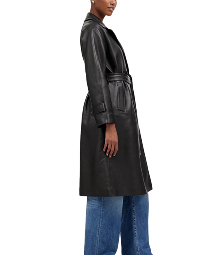 Hailee Womens Full Length Black Leather Trench Coat - Image 2
