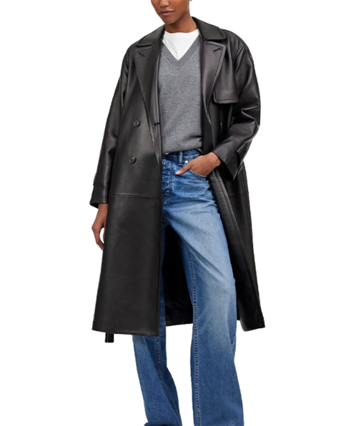 Hailee Womens Full Length Black Leather Trench Coat