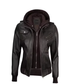 Hope Womens Removable Hooded Motorcycle Leather Bomber Jacket