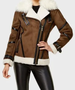 IvyLou Womens Fur Collar Real Sheepskin Leather Brown Shearling Biker Jacket