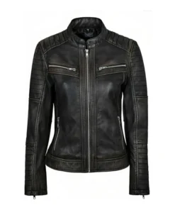 Jasmine Womens Distressed Black Leather Jacket